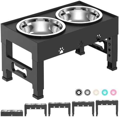 LAKIPETN Elevated Dog Bowls 5 Height Adjustable with 2 Stainless Steel Dog Food Bowls Stand Non-Slip No Spill Dog Dish Raised Dog Bowl Adjusts to 3.1”, 9”, 10”, 11”, 12” for Small Medium Large Dogs