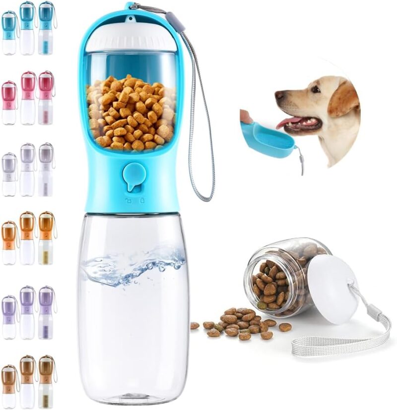 Paoakaola Dog Water Bottle, 2 in 1, Leak Proof Portable Pet Water Bottle with Food Container, Outdoor Portable Water Dispenser for Dog, Puppy Supply for Walking, Hiking, Camping, Travel (19oz Blue)