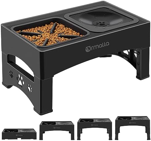 Ormalla Elevated Slow Feeder Bowls, Adjustable Raised No Spill Water Bowl, Non-Slip Food Bowl Stand for Large Medium Small Dogs, 4 Heights Black