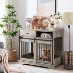 IchbinGo Dog Crate Furniture with Sliding Barn Door, 35" Wooden Dog Kennel End Table with Drawer and Storage, Rustic Style Decorative Dog House for Small/Medium Dog, Easy Installation (Grey)