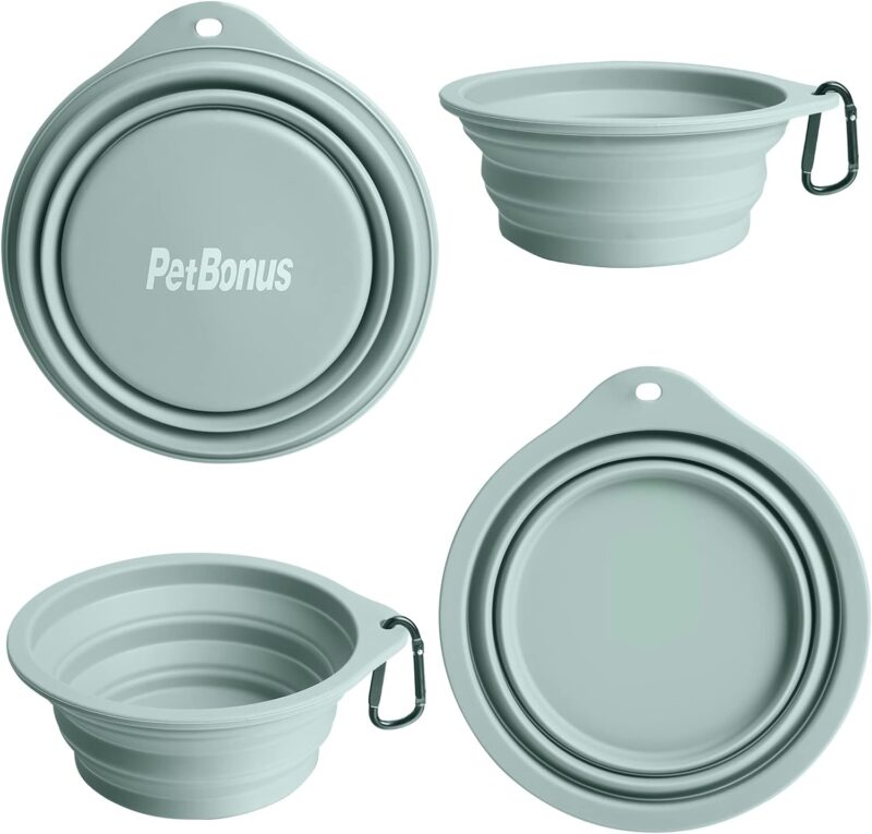 PetBonus 2-Pack Silicone Collapsible Dog Bowls, BPA Free Dishwasher Safe, Portable Foldable Travel Bowl, Food Water Feeding Cup Dish for Dogs Cats with 2 Carabiners (Turquoise, Tan) - Image 2