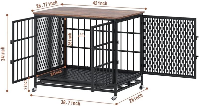 Indestructible Dog Crate, BOINN 42 inch Heavy Duty Extra Large Dog Crate Furniture for Large Medium Dog with Removable Trays, 3 Door, 4 Lockable Wheels & 5 Locks, XL Dog Kennel Furniture Indoor - Image 2