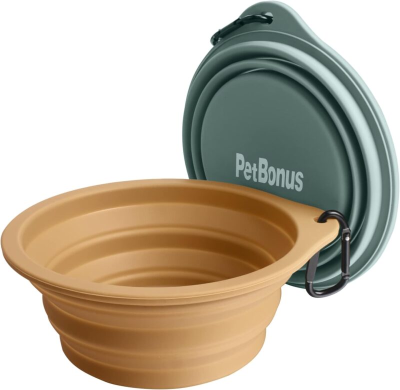 PetBonus 2-Pack Silicone Collapsible Dog Bowls, BPA Free Dishwasher Safe, Portable Foldable Travel Bowl, Food Water Feeding Cup Dish for Dogs Cats with 2 Carabiners (Turquoise, Tan) - Image 7