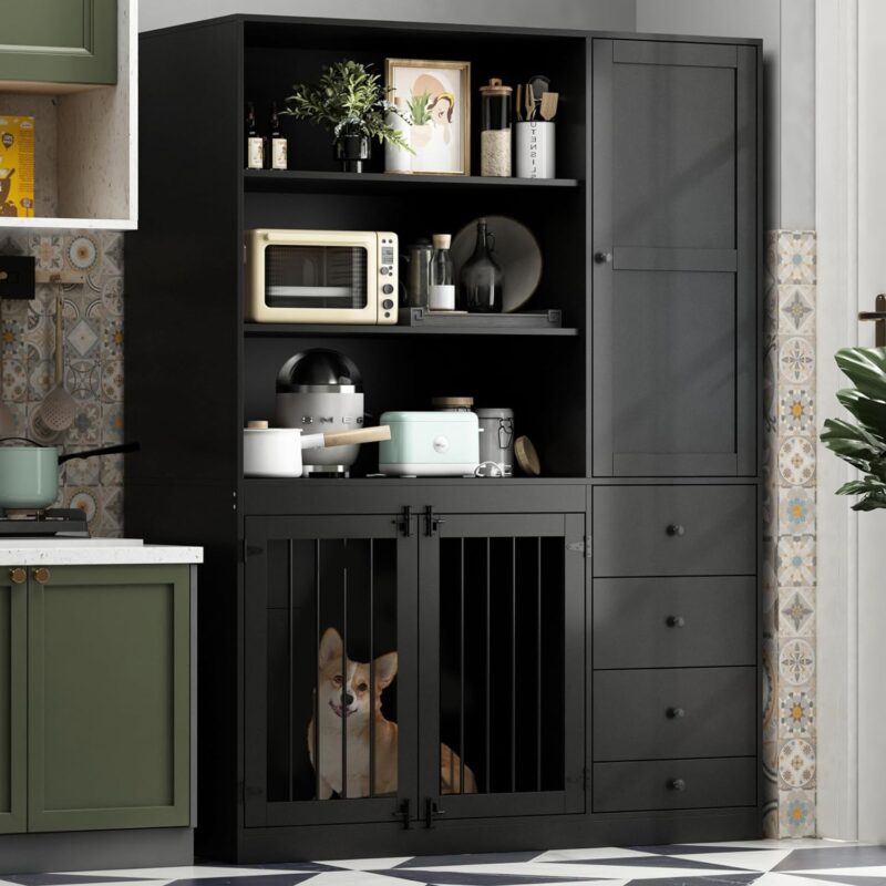 Dog Crate Furniture, Wooden Dog Crate Cabinet with Dog Bowls, Drawers and Shelves for Small, Medium or Large Dog, Black