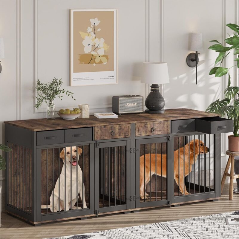 Furniture-Style Dog Crate for 2 Dogs,85.4" Double Dog Kennel Furniture with Removable Divided,4 Fabric Drawers,Indoor Heavy Duty Combined Dog Kennel for Large & Medium Dogs,Rustic Brown