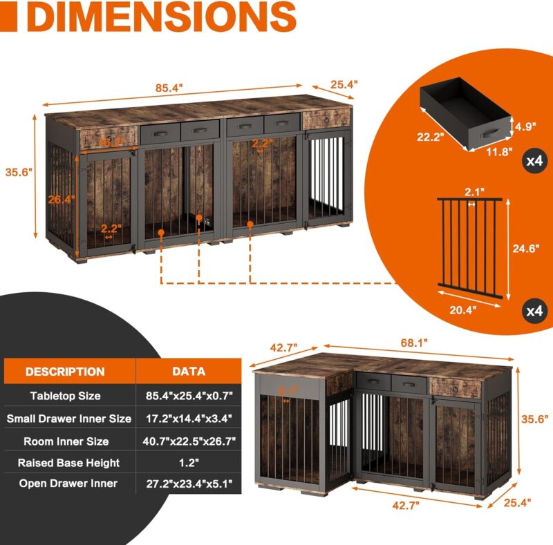 Furniture-Style Dog Crate for 2 Dogs,85.4" Double Dog Kennel Furniture with Removable Divided,4 Fabric Drawers,Indoor Heavy Duty Combined Dog Kennel for Large & Medium Dogs,Rustic Brown - Image 2