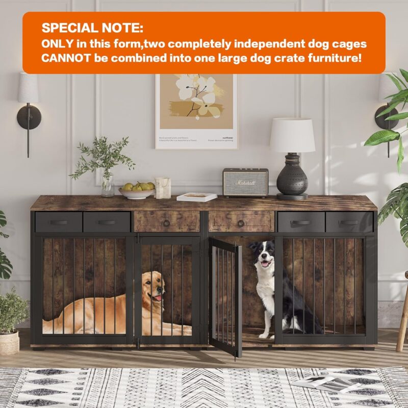 Furniture-Style Dog Crate for 2 Dogs,85.4" Double Dog Kennel Furniture with Removable Divided,4 Fabric Drawers,Indoor Heavy Duty Combined Dog Kennel for Large & Medium Dogs,Rustic Brown - Image 7