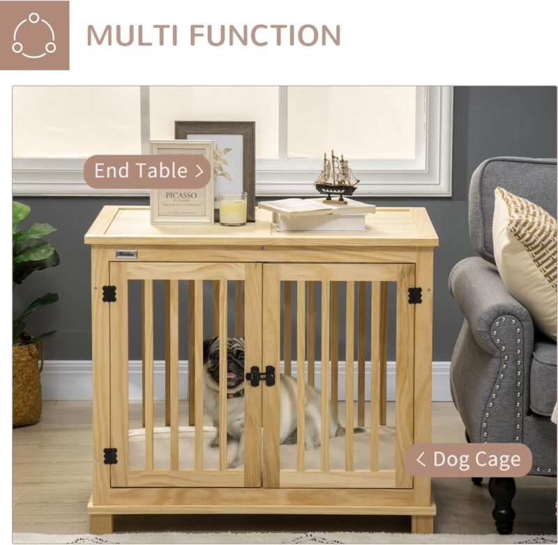 PawHut Wooden Dog Crate Furniture with Soft Cushion, Dog Crate End Table with Double Doors, Indoor Pet Crate for Small Medium Dogs - Image 4