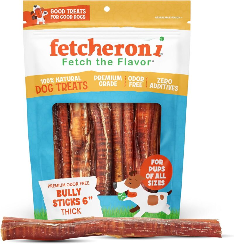 Jumbo Bully Sticks for Dogs - Naturally Cleans and Strengthens Teeth - Rawhide Free Dog Chews Long Lasting - Lasts 50% Longer Than a Standard Bully Stick (6 Inch, 6 Pack)