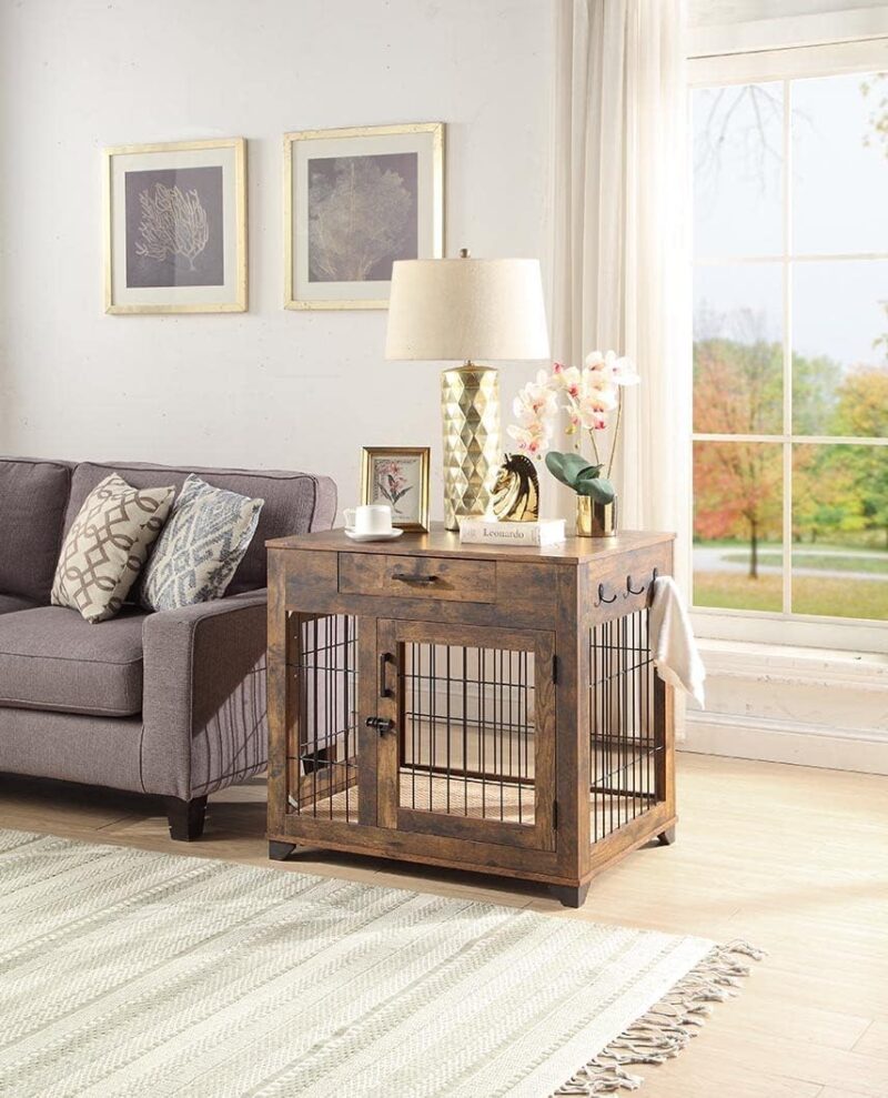 unipaws Furniture Style Dog Crate for Medium Dogs, Indoor Aesthetic Puppy Kennel, Modern Decorative Wood Wire Pet House Dog Cage with Drawer, Pretty Cute End Side Table Nightstand, Rustic - Image 3