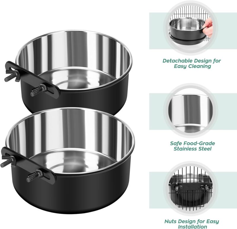 Dog Crate Water Bowl No Spill, 2 Pack Dog Crate Bowls Hanging, Kennel Water Food Bowls Mountable, Pet Cage Accessories Feeder Dish, Large Stainless Steel Coop Cup for Cat Puppy Bunny Guinea Pig Ferret - Image 2