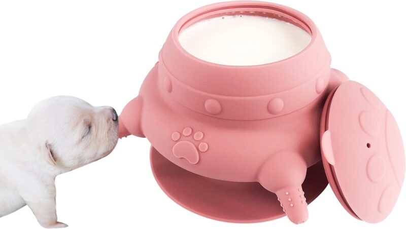 Puppy Bottles for Nursing,Puppy Milk feeders for Multiple Puppies Nipple,Puppy Feeder Milk Bowl,4 Nipples Silicone Puppy Nursing Station,Feeder Bowl for Kittens, Puppies,Capacity 240ml（Pink）
