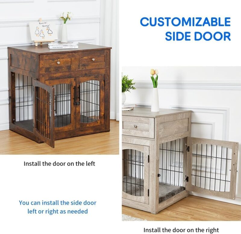 Dog Crate Furniture with Cushion,Wooden Dog Kennels Indoor with 2 Drawers,Dog Furniture Crate End Table with Storage - Image 4