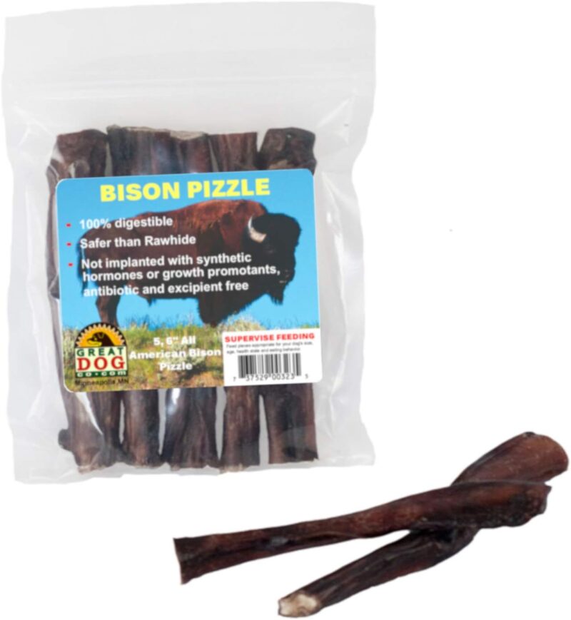 Great Dog Bison Pizzle (Bison Bully Sticks) - 5, 6 Inch Bully Sticks - Sourced & Made in USA, Bison Bully Sticks, Bully Sticks, Bison Treats for Dogs