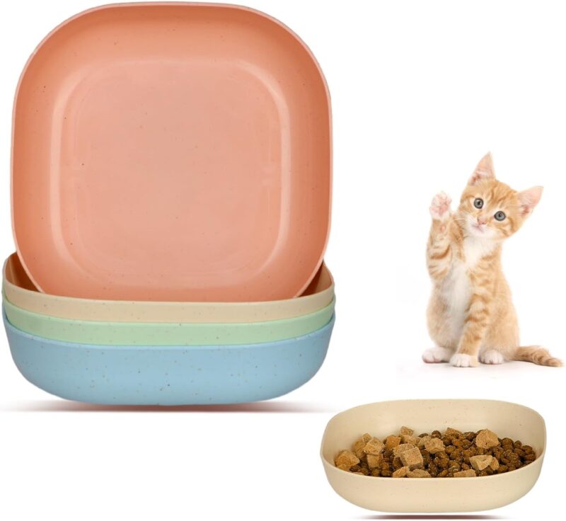 HMDZMR Cat Food Bowl Set, 6 inch Wide Shallow Cat Bowl for Relief Whisker Fatigue,Small Flat Cat Dish, Shallow Pet Feeding Dish or Plate for Cats and Small Dogs (4Pcs)