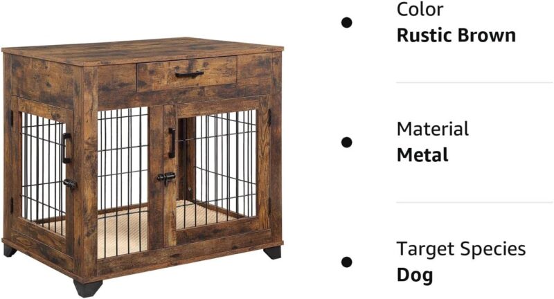 unipaws Furniture Style Dog Crate for Medium Dogs, Indoor Aesthetic Puppy Kennel, Modern Decorative Wood Wire Pet House Dog Cage with Drawer, Pretty Cute End Side Table Nightstand, Rustic - Image 8