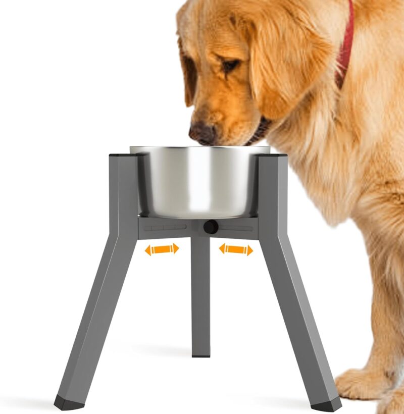 SHAINFUN Grey Raised Dog Bowl Stand for Large Medium Dogs 11" Height Adjustable Width 7-10.6" Single Tall Elevated Dog Bowls Stand, Food & Water Feeder Bowl Holder for Large Breeds(Bowl Not Included)