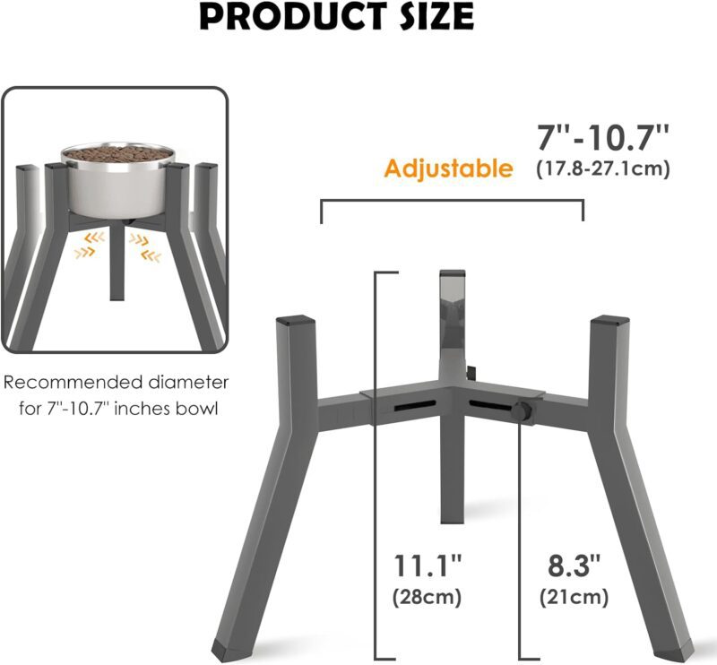 SHAINFUN Grey Raised Dog Bowl Stand for Large Medium Dogs 11" Height Adjustable Width 7-10.6" Single Tall Elevated Dog Bowls Stand, Food & Water Feeder Bowl Holder for Large Breeds(Bowl Not Included) - Image 3