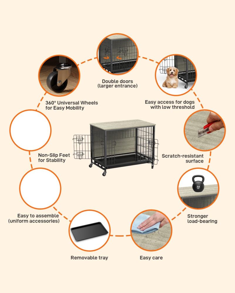 Dog Crate Furniture - 2024 and Versatile Wooden Dog Kennel with Removable Tray and Wheels - Heavy-Duty Double-Door 27.2" Dog Cage End Table for Large Dogs (Gray & Black, Small) - Image 4