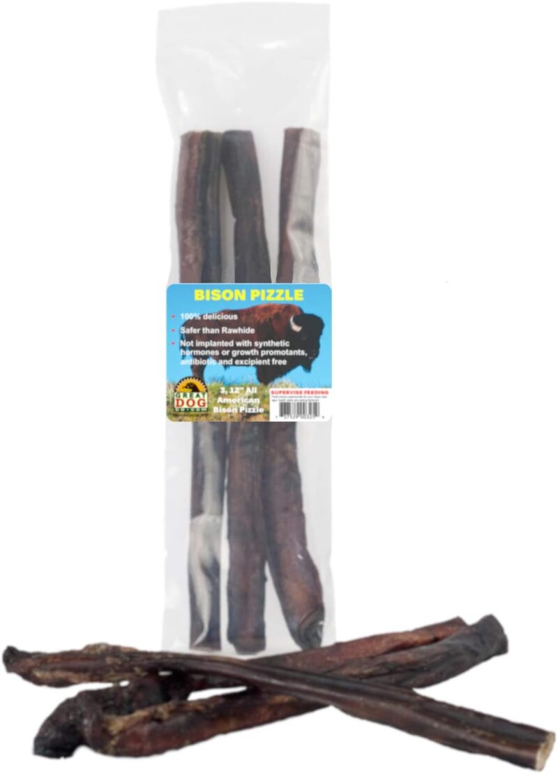 Great Dog Bison Pizzle (Bison Bully Sticks) - 3, 12 Inch Sticks - Sourced & Made in USA, Bison Bully Sticks, Bully Sticks, Bison Treats for Dogs