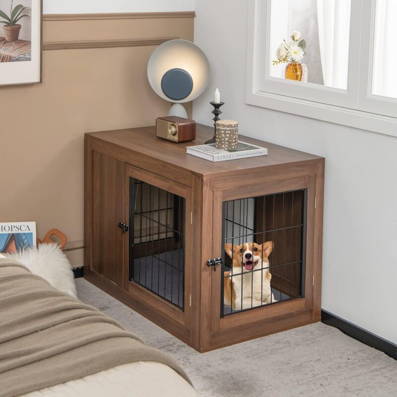 PETSITE Dog Crate Furniture with Cushion, Wooden Dog Crate End Table with Double-Doors, Dog Kennel Indoor, Pet Cage House for Small to Medium Sized Dogs - Image 2