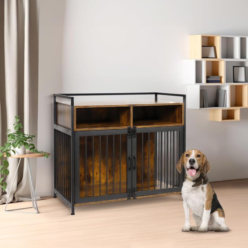 Houseables Dog Crate Furniture, Dog Kennel Indoor, Medium Dog Crate, Dog Kennel Furniture, 41 Inch, Metal, Rustic Brown Wood, Dog Crate Table, Wooden Dog Crate Furniture, Furniture Crate for S-M Dogs - Image 5