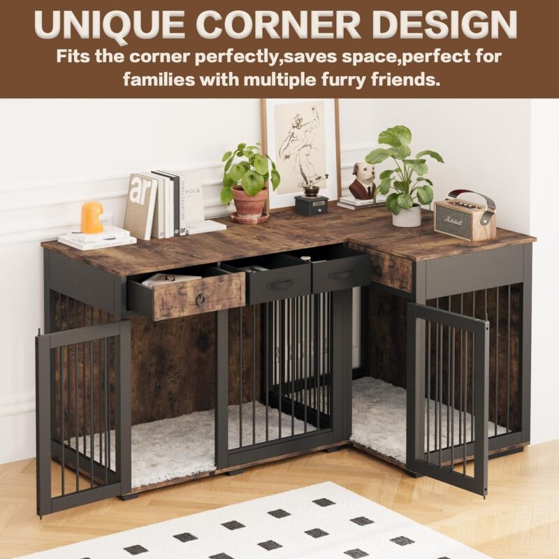 Large Corner Dog Crate Furniture,L Shape Dog Crate Cage Furniture for 2 Dogs with Dividers,Two Independent Rooms,Wooden Dog Kennel TV Stand Table with 6 Drawers Indoor,Freely Combined,Rustic Brown - Image 7