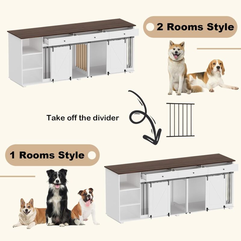 86.6" Large Dog Crate Furniture, Wooden Dog Kennel for 2 Dogs with Drawers,Shelves,Divider & Slidding Door, Indoor Furniture Style Dog House w/Double Rooms for Large Medium Dogs, White - Image 3