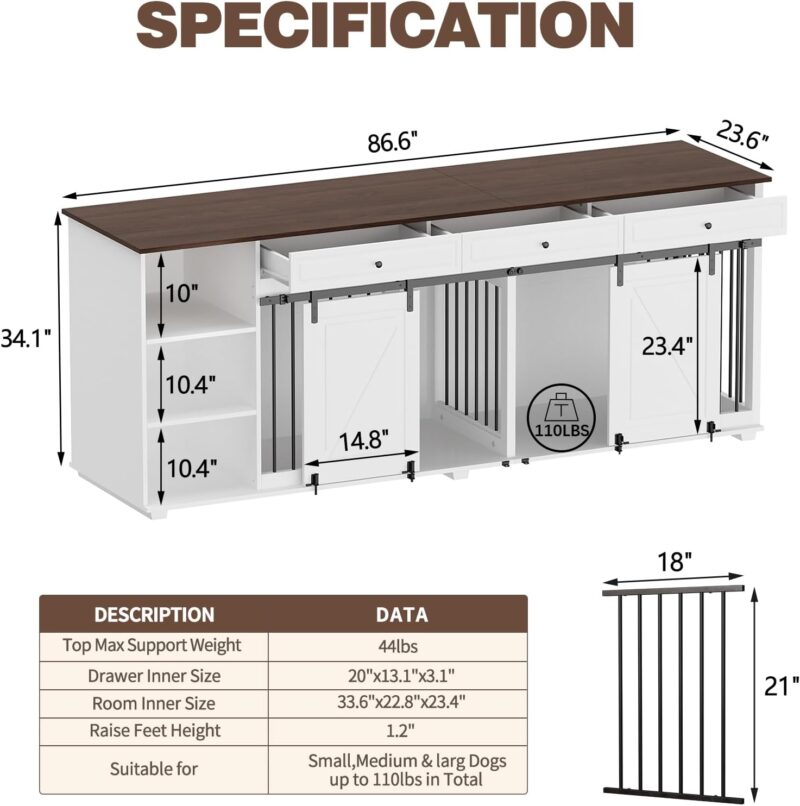 86.6" Large Dog Crate Furniture, Wooden Dog Kennel for 2 Dogs with Drawers,Shelves,Divider & Slidding Door, Indoor Furniture Style Dog House w/Double Rooms for Large Medium Dogs, White - Image 2