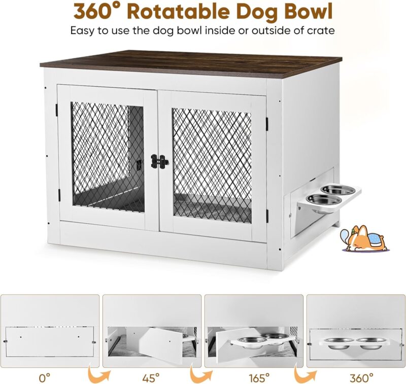 Homiesetify Dog Crate Furniture with 360°Rotatable Removable Dog Bowls, 41in Wooden Dog Kennel End Table with Cushion & Tray and Double Doors, Pet Crate House Indoor Use for Medium Large Dogs (White) - Image 3