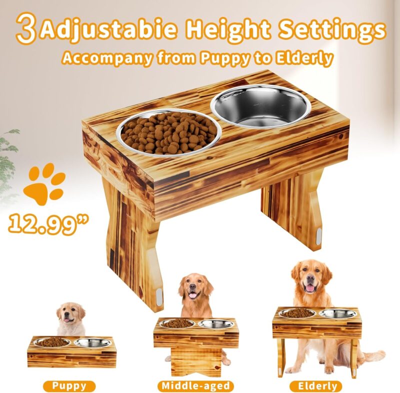 AMENER Elevated Dog Bowls with 2 Stainless Steel Dog Food Bowls-3 Height Adjustable Raised Dog Bowl Stand Non-Slip Dog Bowl Holder- Wooden Dog Feeding Station for Small Medium Dogs - Image 3