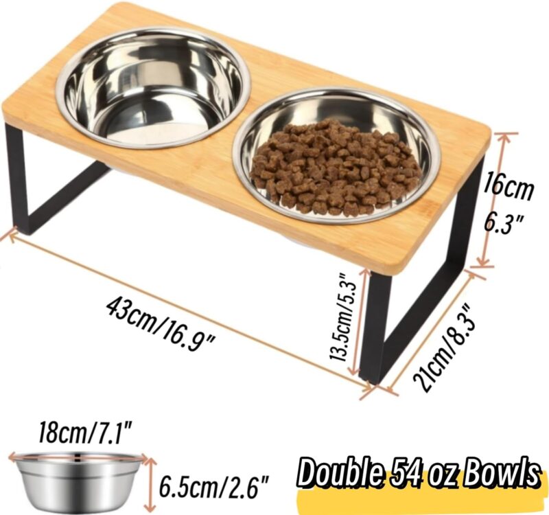 Elevated Dog Bowls - Double 54 oz Bowls， Bamboo 15° Tilted Raised Dog Bowl Stand with 2 Stainless Steel Bowls for Small & Medium Dogs, Indoor Dogs and Adult Cats Feeder - Image 2