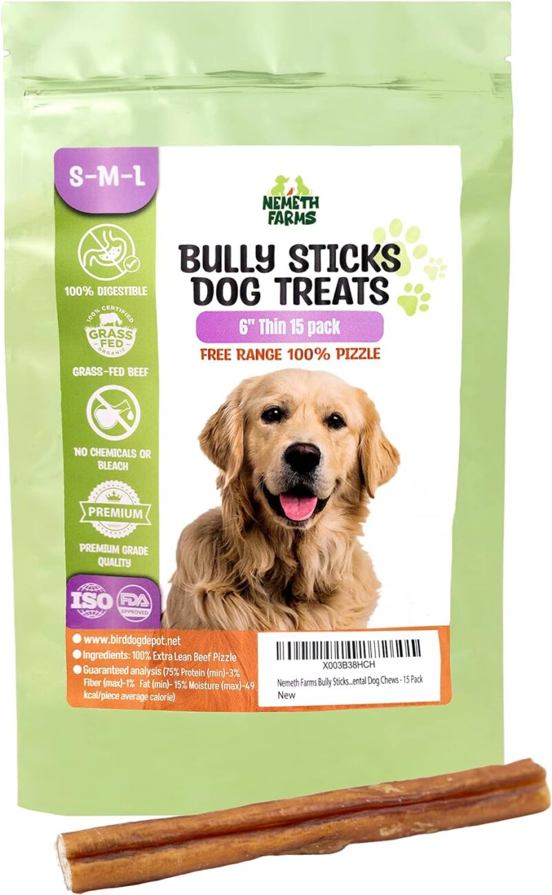 Nemeth Farms Premium European Beef Bully Sticks 6" for Dogs | 100% Extra Lean Bully Bones Rawhide-Free & Odor-Free Dog Treats for Puppies and Small Dogs | Long Lasting Dental Dog Chews - Pack of 15