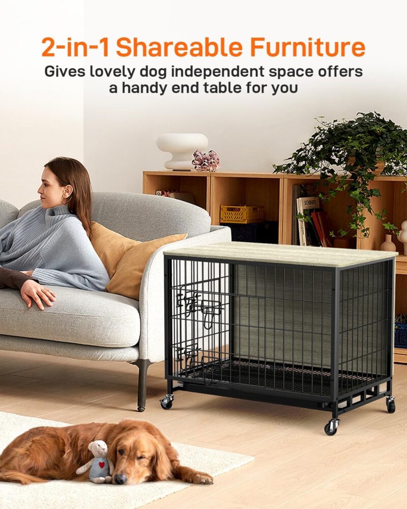 Dog Crate Furniture - 2024 and Versatile Wooden Dog Kennel with Removable Tray and Wheels - Heavy-Duty Double-Door 27.2" Dog Cage End Table for Large Dogs (Gray & Black, Small) - Image 3