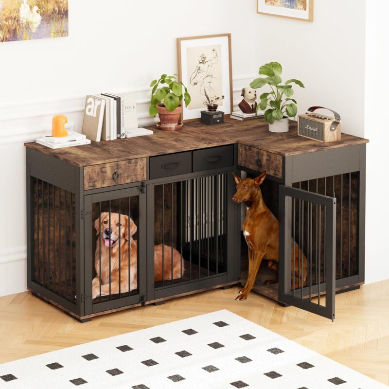 Large Corner Dog Crate Furniture,L Shape Dog Crate Cage Furniture for 2 Dogs with Dividers,Two Independent Rooms,Wooden Dog Kennel TV Stand Table with 6 Drawers Indoor,Freely Combined,Rustic Brown