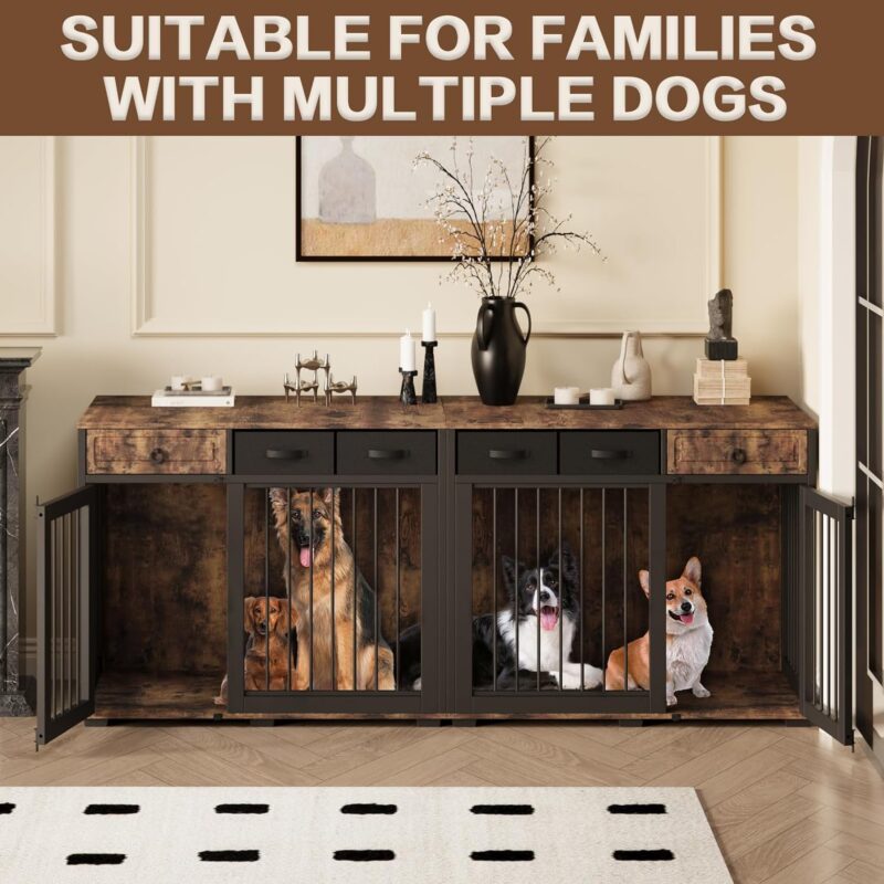 Large Corner Dog Crate Furniture,L Shape Dog Crate Cage Furniture for 2 Dogs with Dividers,Two Independent Rooms,Wooden Dog Kennel TV Stand Table with 6 Drawers Indoor,Freely Combined,Rustic Brown - Image 6