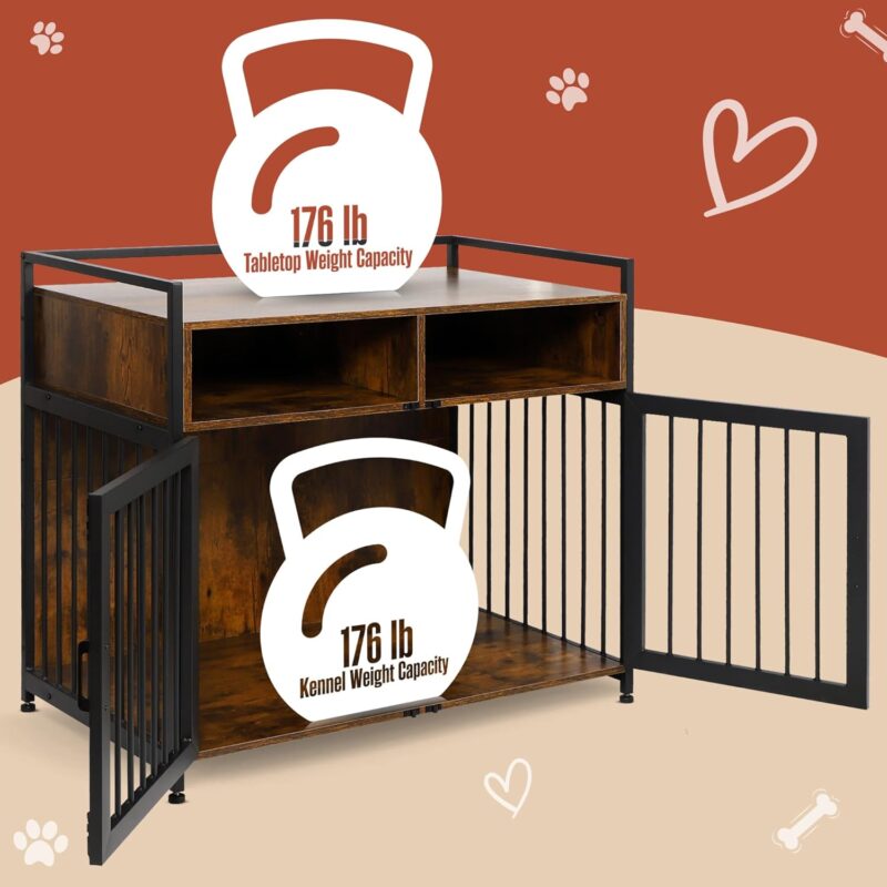 Houseables Dog Crate Furniture, Dog Kennel Indoor, Medium Dog Crate, Dog Kennel Furniture, 41 Inch, Metal, Rustic Brown Wood, Dog Crate Table, Wooden Dog Crate Furniture, Furniture Crate for S-M Dogs - Image 4