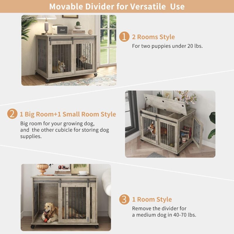 KIVENJAJA 2-in-1 Size Dog Crate Furniture for 2 Puppies/Small to Medium, Two Rooms Wooden Dog Kennel Pet House Cage with Movable Divider, Flip Top, Sliding Door & Rolling Wheels, 39 inch (Grey) - Image 2