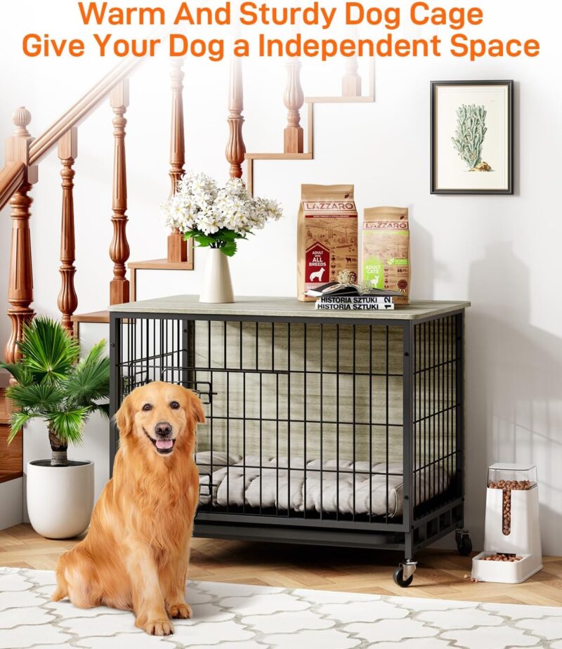 Dog Crate Furniture, 32.5" Double-Doors Dog Kennel Indoor with Removable Tray and Wheels, Wooden Dog Crates for Medium Dogs, Dog Kennel Furniture, Decorative Dog Cage End Table, Rustic Grey - Image 6