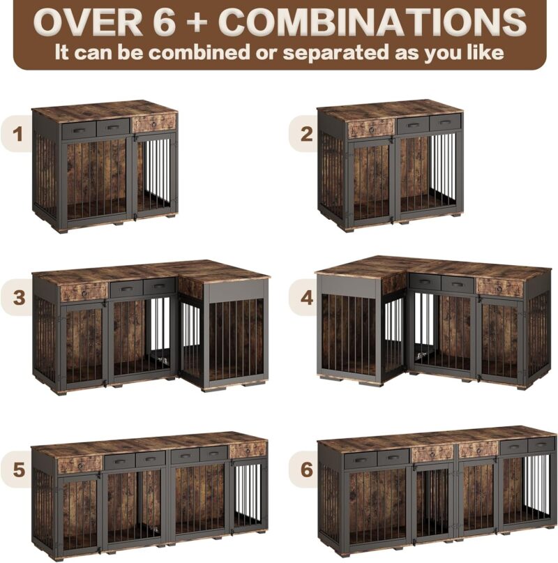 Large Corner Dog Crate Furniture,L Shape Dog Crate Cage Furniture for 2 Dogs with Dividers,Two Independent Rooms,Wooden Dog Kennel TV Stand Table with 6 Drawers Indoor,Freely Combined,Rustic Brown - Image 3