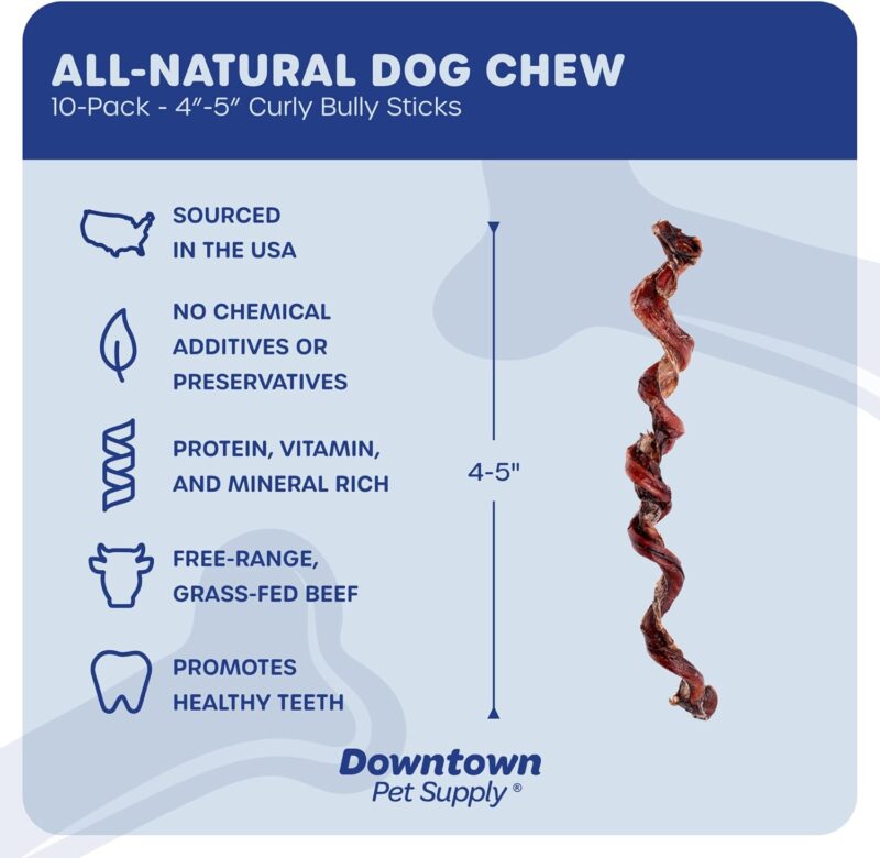 Downtown Pet Supply Spiral Bully Sticks for Medium Dogs - Dog Dental Treats & Rawhide-Free Dog Chews - Dog Treats with Protein, Vitamins & Minerals - Regular - 4-6in - 10Ct