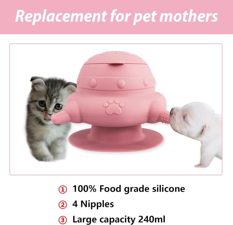 Puppy Bottles for Nursing,Puppy Milk feeders for Multiple Puppies Nipple,Puppy Feeder Milk Bowl,4 Nipples Silicone Puppy Nursing Station,Feeder Bowl for Kittens, Puppies,Capacity 240ml（Pink） - Image 2