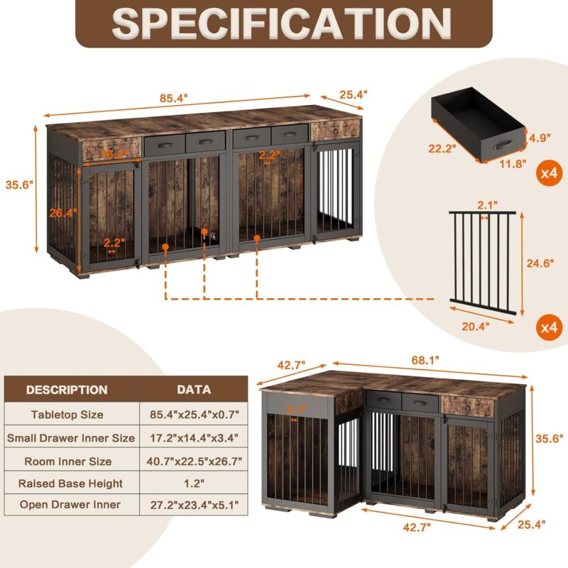 Large Corner Dog Crate Furniture,L Shape Dog Crate Cage Furniture for 2 Dogs with Dividers,Two Independent Rooms,Wooden Dog Kennel TV Stand Table with 6 Drawers Indoor,Freely Combined,Rustic Brown - Image 2