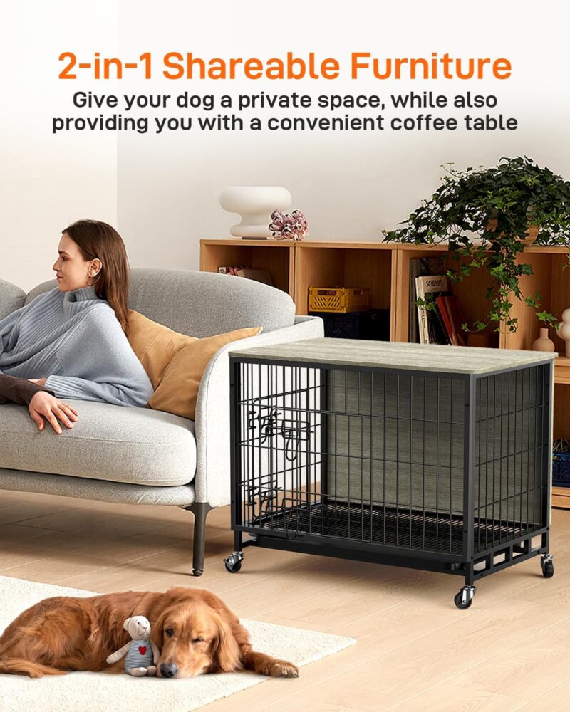 Dog Crate Furniture, 32.5" Double-Doors Dog Kennel Indoor with Removable Tray and Wheels, Wooden Dog Crates for Medium Dogs, Dog Kennel Furniture, Decorative Dog Cage End Table, Rustic Grey - Image 2