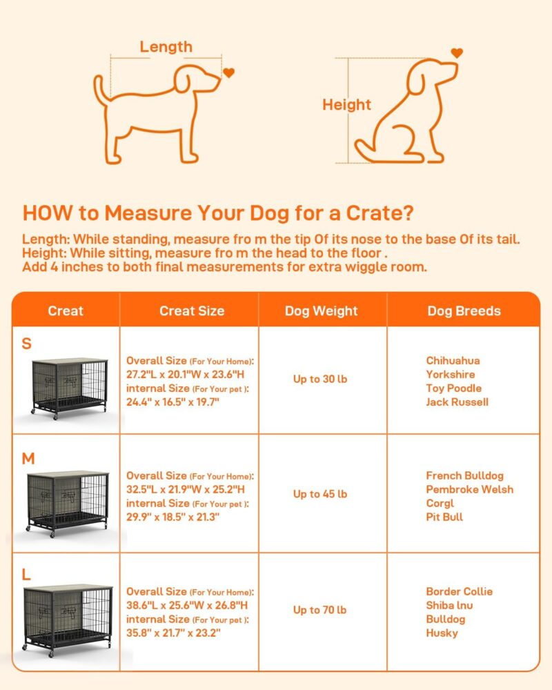 Dog Crate Furniture, 32.5" Double-Doors Dog Kennel Indoor with Removable Tray and Wheels, Wooden Dog Crates for Medium Dogs, Dog Kennel Furniture, Decorative Dog Cage End Table, Rustic Grey - Image 5