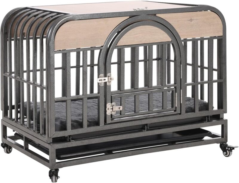 FurniTribe 32in Heavy Duty Dog Crate. Furniture Style Dog Kennel for Small Medium Dogs, Indoor Wooden Dog Crate with Wheels and Removable Tray (Gray)