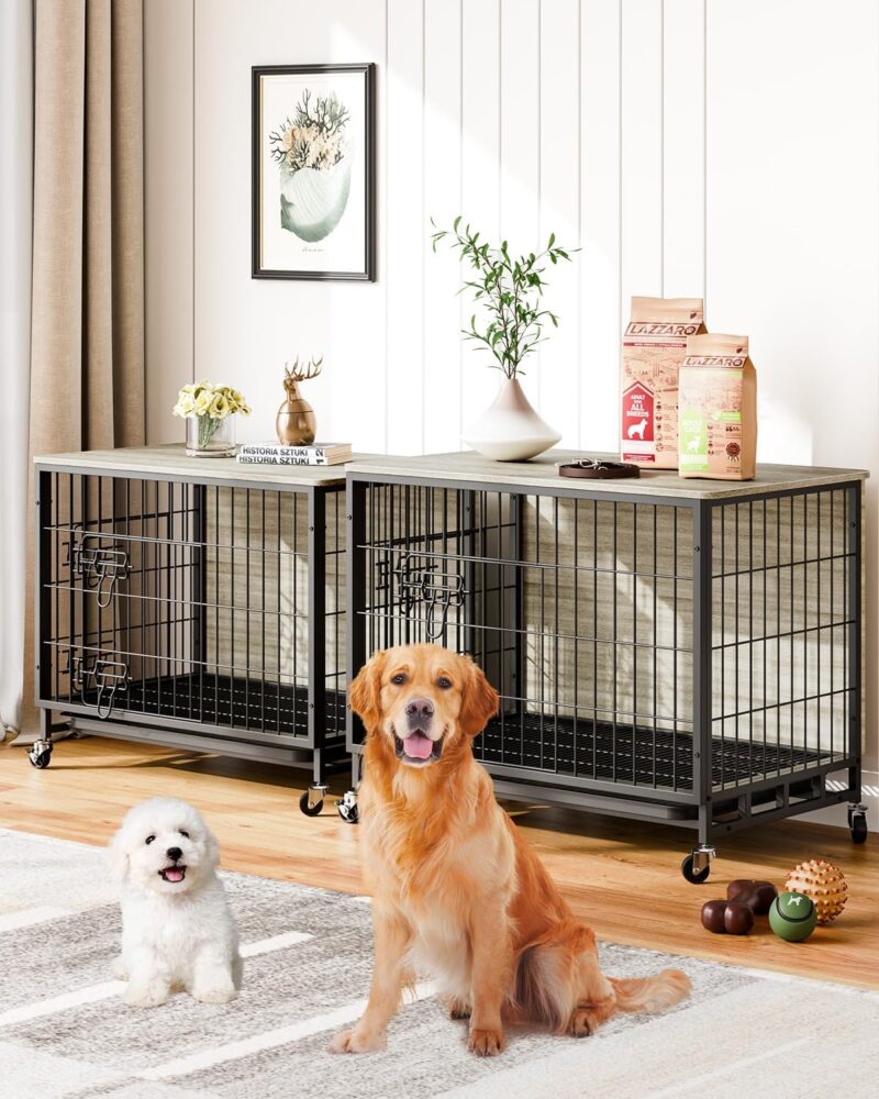 Dog Crate Furniture, 32.5" Double-Doors Dog Kennel Indoor with Removable Tray and Wheels, Wooden Dog Crates for Medium Dogs, Dog Kennel Furniture, Decorative Dog Cage End Table, Rustic Grey