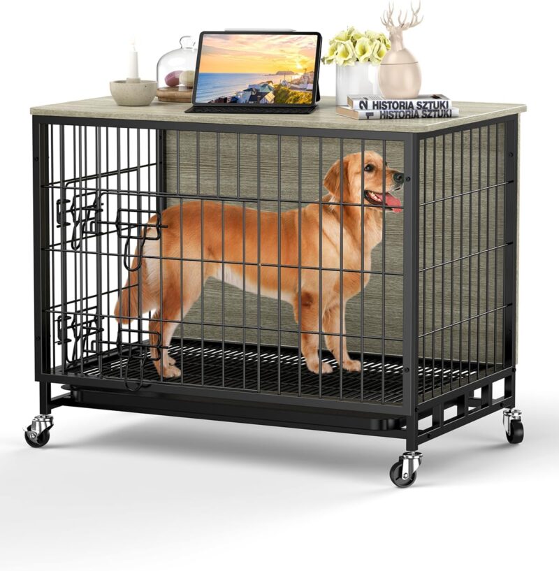 Dog Crate Furniture - 2024 and Versatile Wooden Dog Kennel with Removable Tray and Wheels - Heavy-Duty Double-Door 27.2" Dog Cage End Table for Large Dogs (Gray & Black, Small)