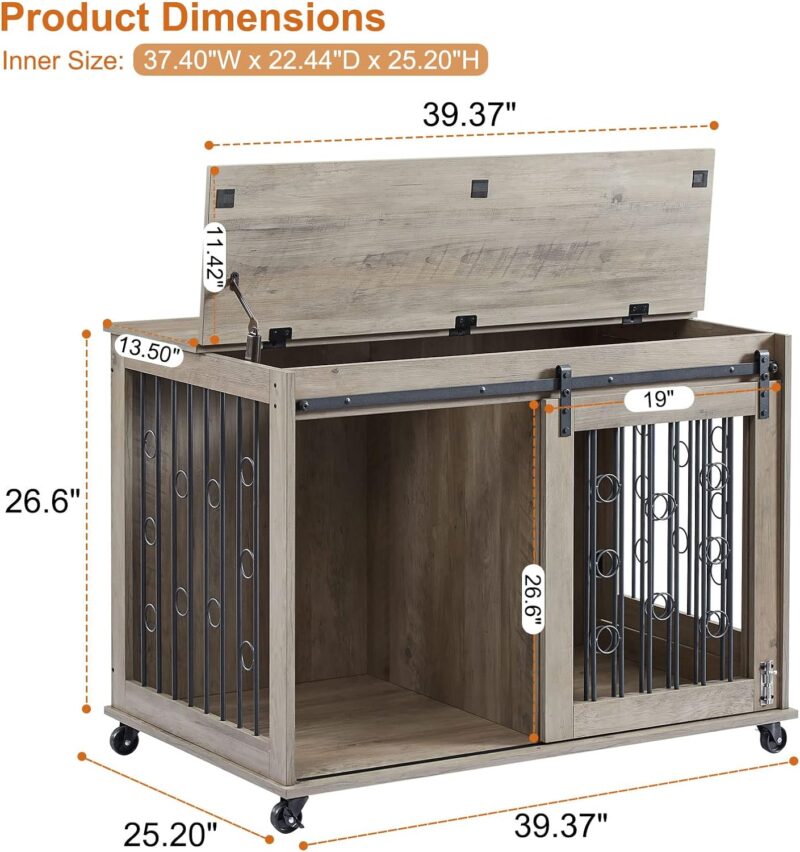 KIVENJAJA 2-in-1 Size Dog Crate Furniture for 2 Puppies/Small to Medium, Two Rooms Wooden Dog Kennel Pet House Cage with Movable Divider, Flip Top, Sliding Door & Rolling Wheels, 39 inch (Grey) - Image 5