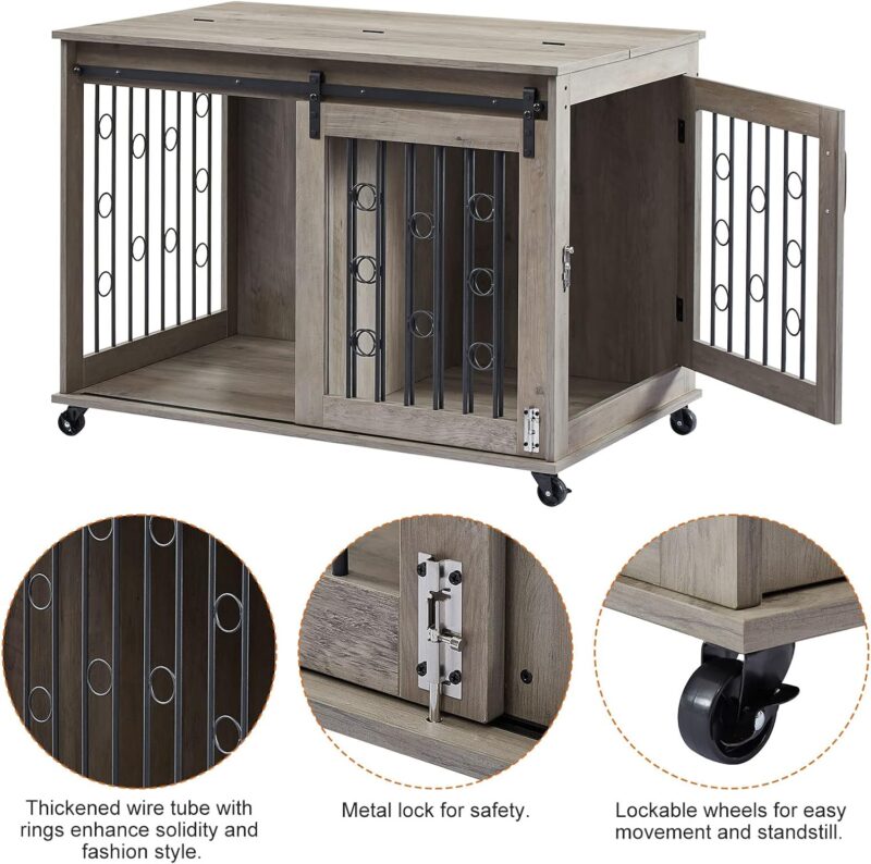 KIVENJAJA 2-in-1 Size Dog Crate Furniture for 2 Puppies/Small to Medium, Two Rooms Wooden Dog Kennel Pet House Cage with Movable Divider, Flip Top, Sliding Door & Rolling Wheels, 39 inch (Grey) - Image 4